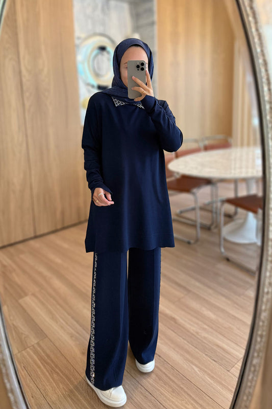 Stone-Detail Mercerized Modest Suit - Navy Blue