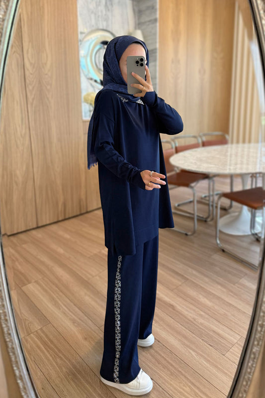 Stone-Detail Mercerized Modest Suit - Navy Blue