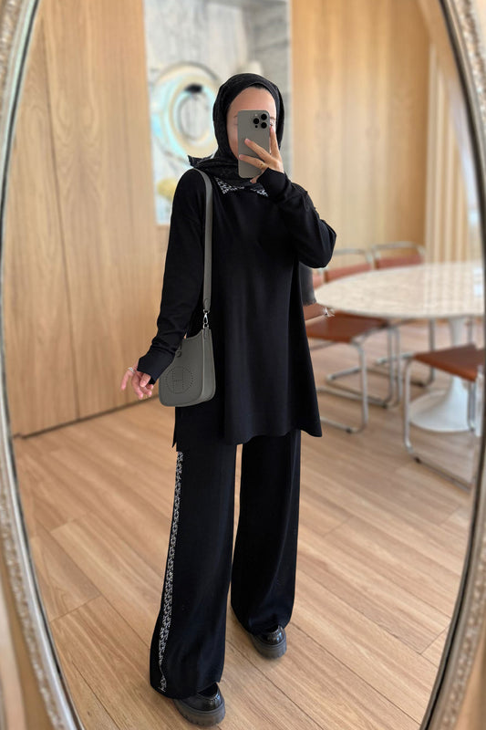 Stone-Detail Mercerized Modest Suit - Black