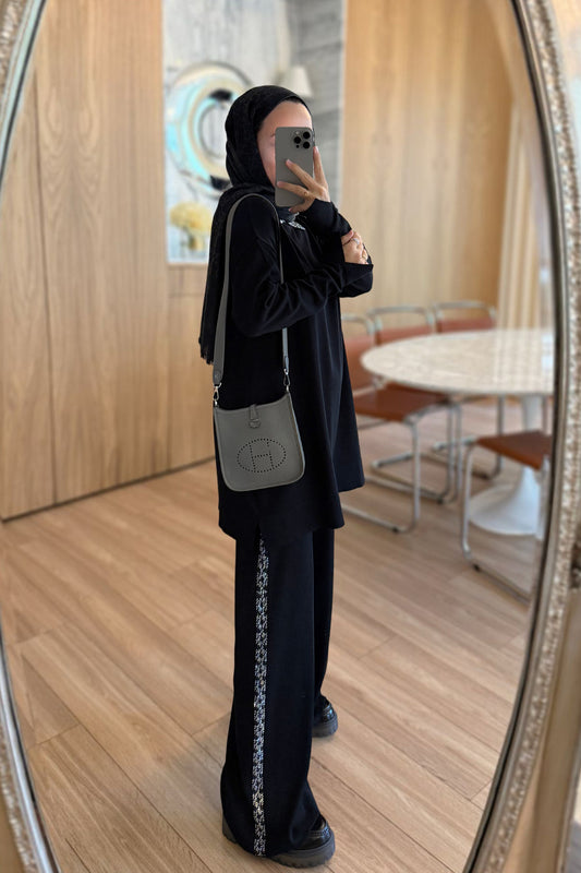 Stone-Detail Mercerized Modest Suit - Black