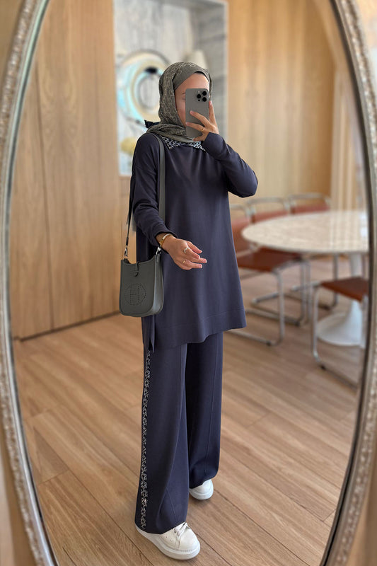 Stone-Detail Mercerized Modest Suit - Smoked Colored