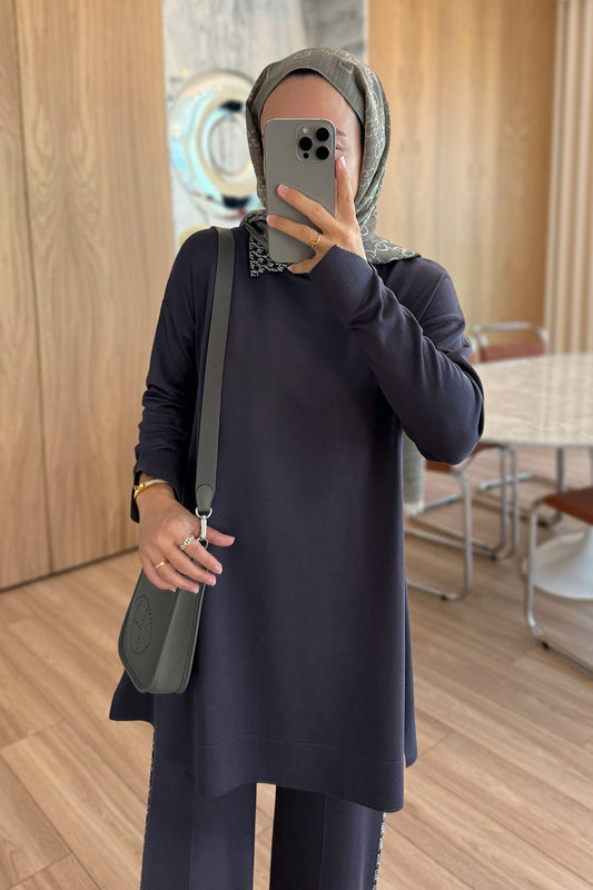 Stone-Detail Mercerized Modest Suit - Smoked Colored