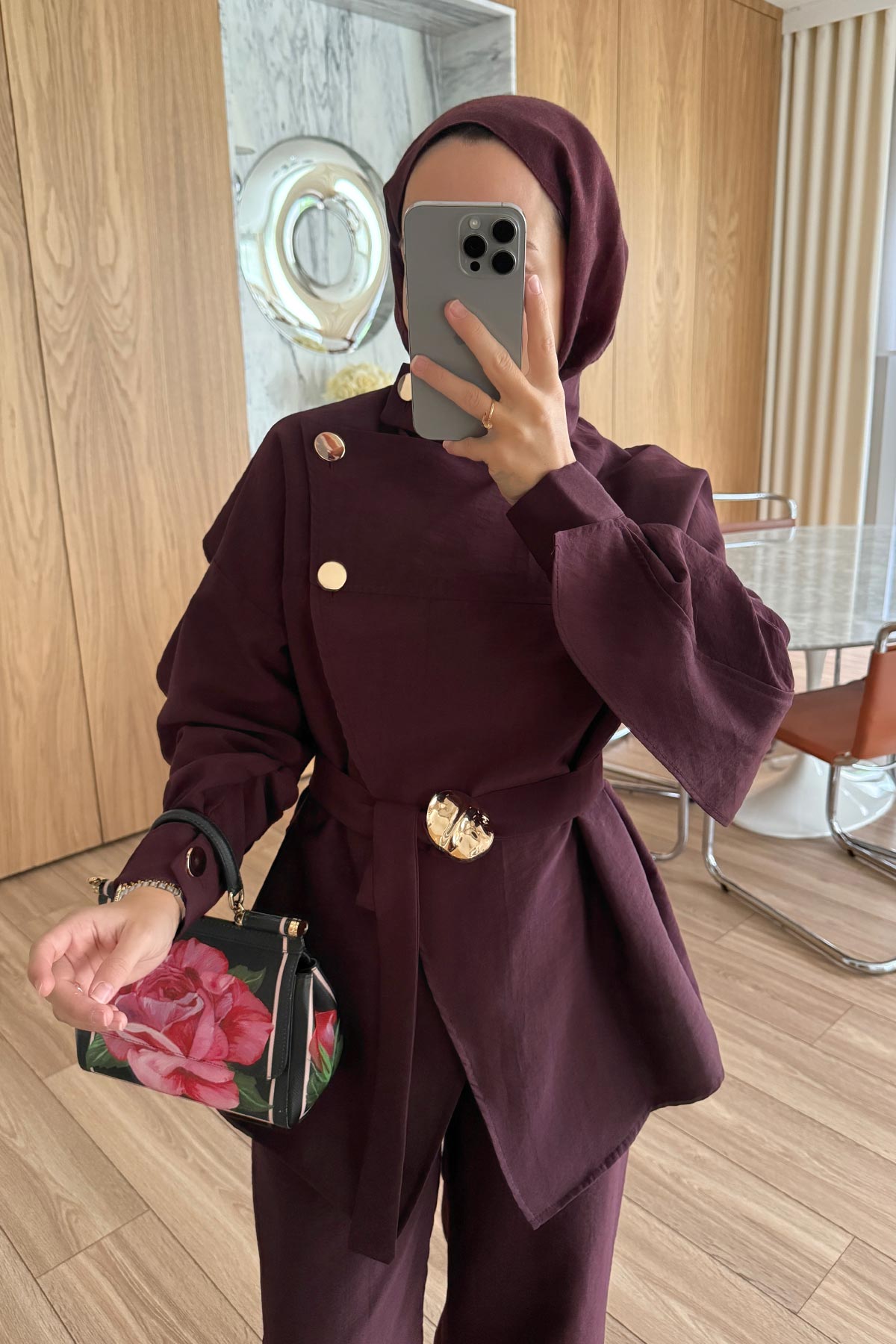 Trench Coat Suit with Shoulder Buttons - Burgundy