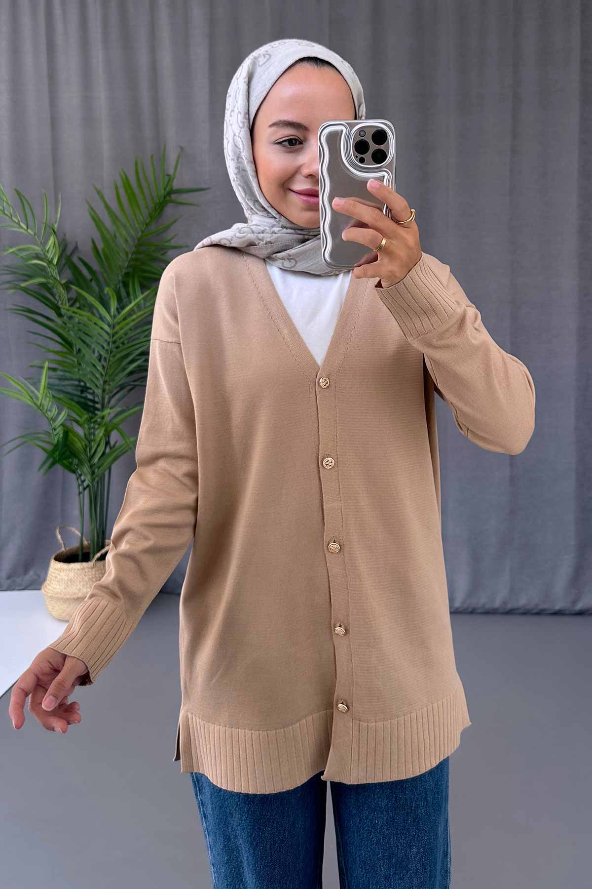 V-Neck Side Slit Mercerized Cardigan - Coffee Milk