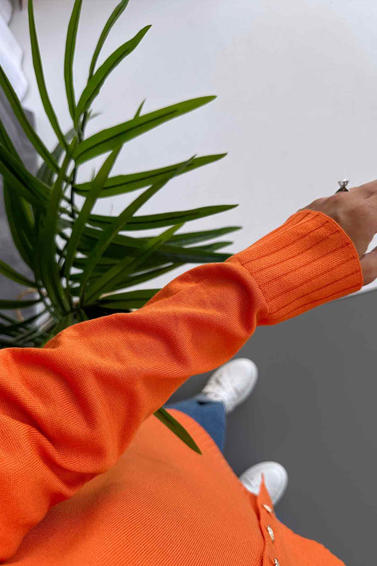 V-Neck Side Slit Mercerized Cardigan - Orange