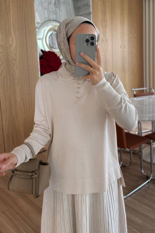 Wave Pattern Skirted Mercerized Suit - Beige