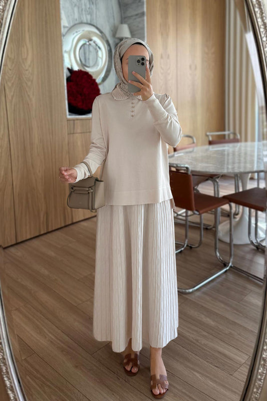 Wave Pattern Skirted Mercerized Suit - Beige