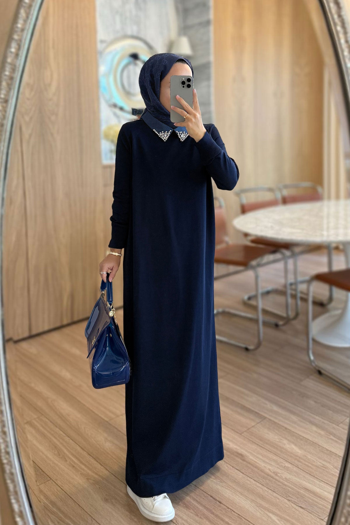 Stone-Embellished Neckline Long Mercerized Dress - Navy Blue