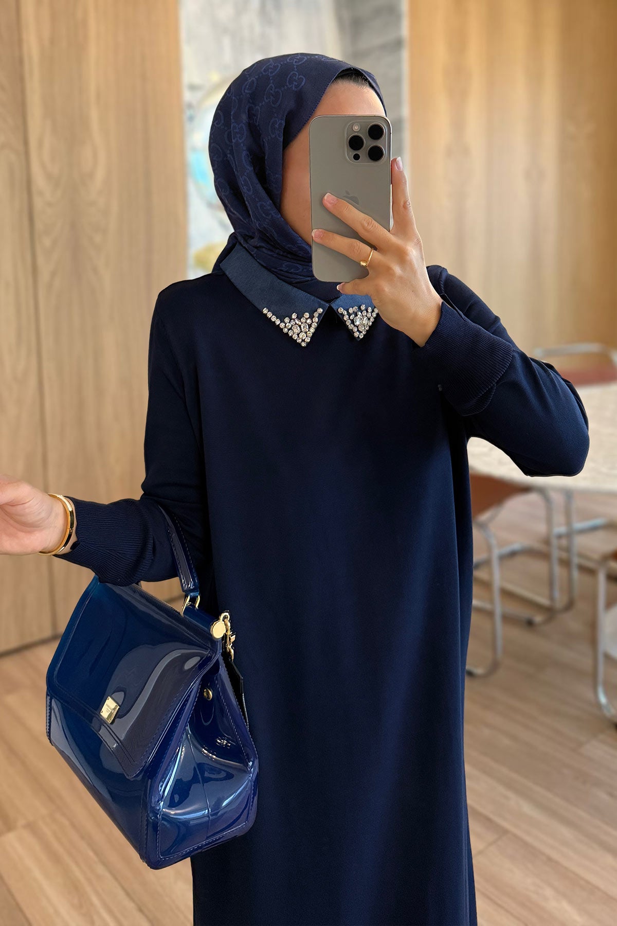 Stone-Embellished Neckline Long Mercerized Dress - Navy Blue