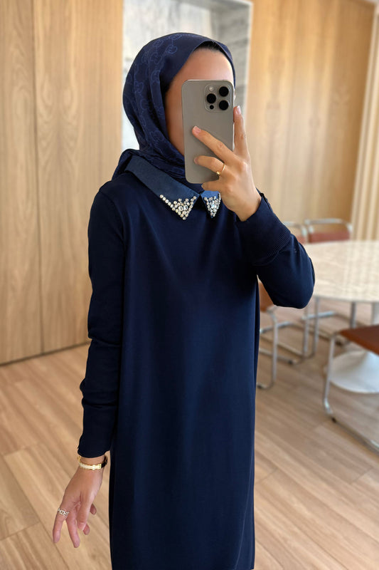 Stone-Embellished Neckline Long Mercerized Dress - Navy Blue