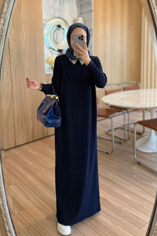 Stone-Embellished Neckline Long Mercerized Dress - Navy Blue