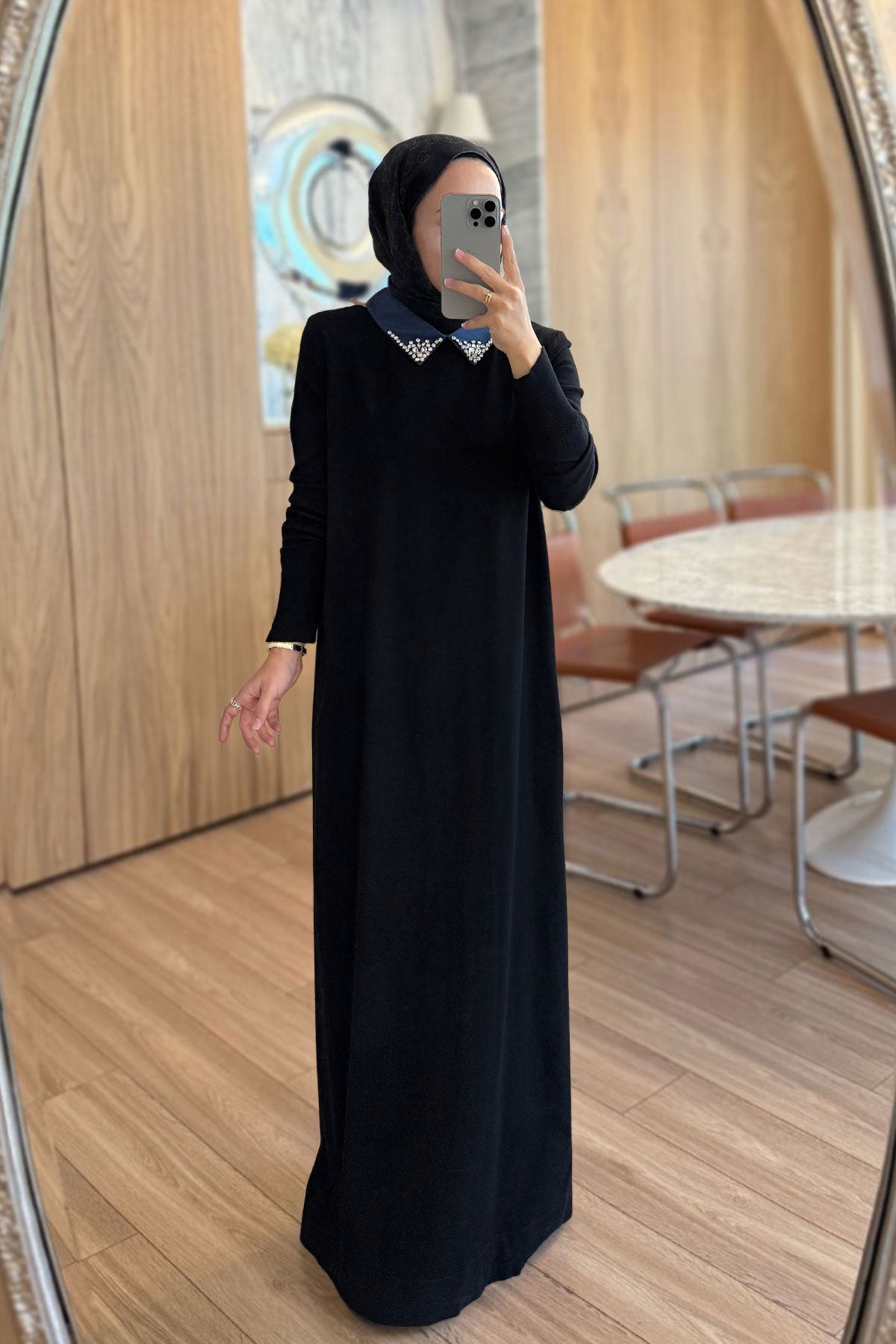 Stone-Embellished Neckline Long Mercerized Dress - Black