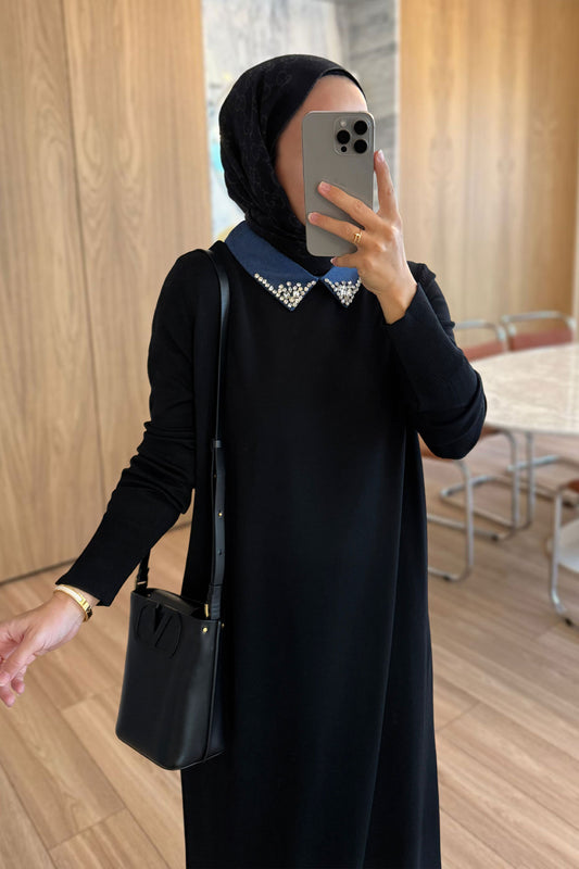 Stone-Embellished Neckline Long Mercerized Dress - Black