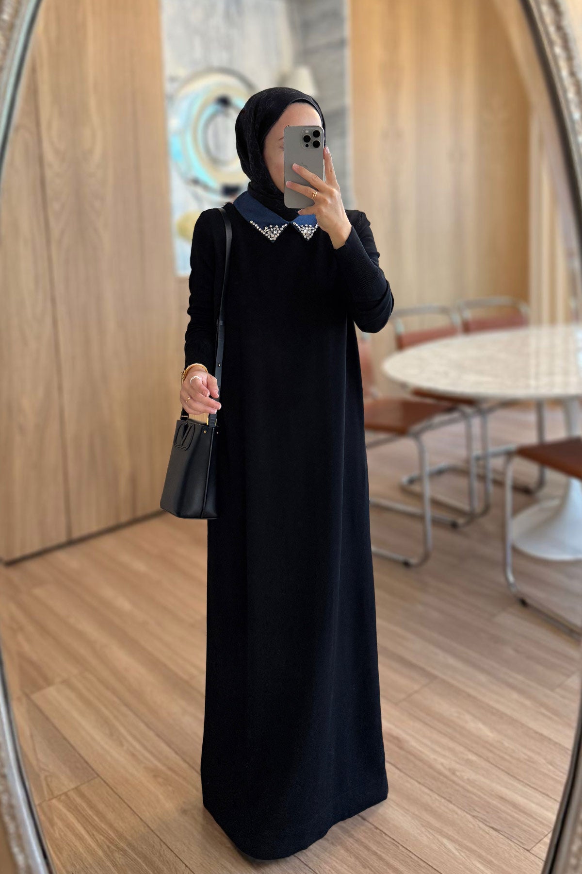 Stone-Embellished Neckline Long Mercerized Dress - Black