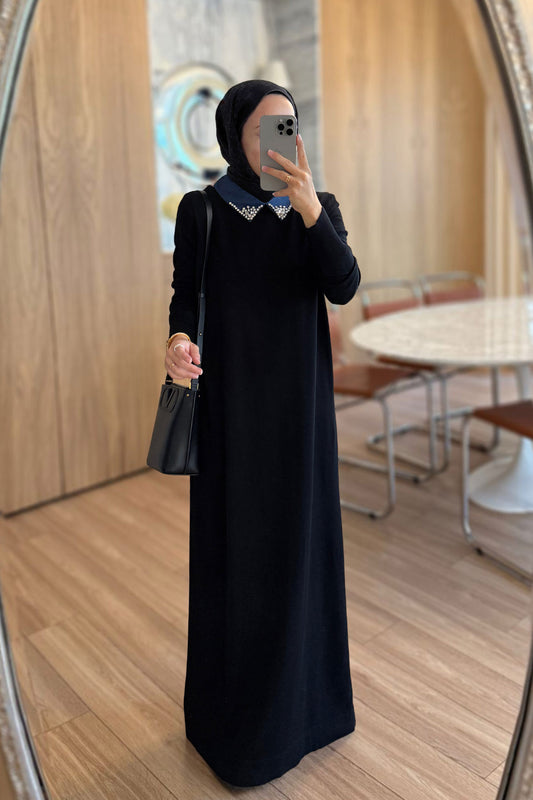 Stone-Embellished Neckline Long Mercerized Dress - Black