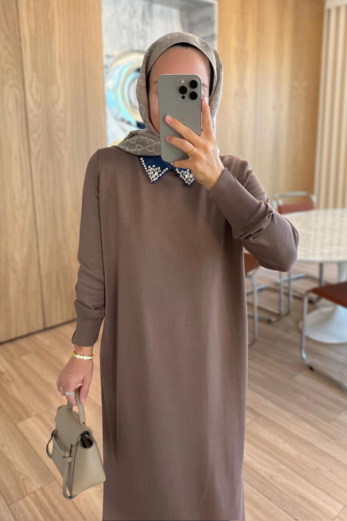 Stone-Embellished Neckline Long Mercerized Dress - Mink