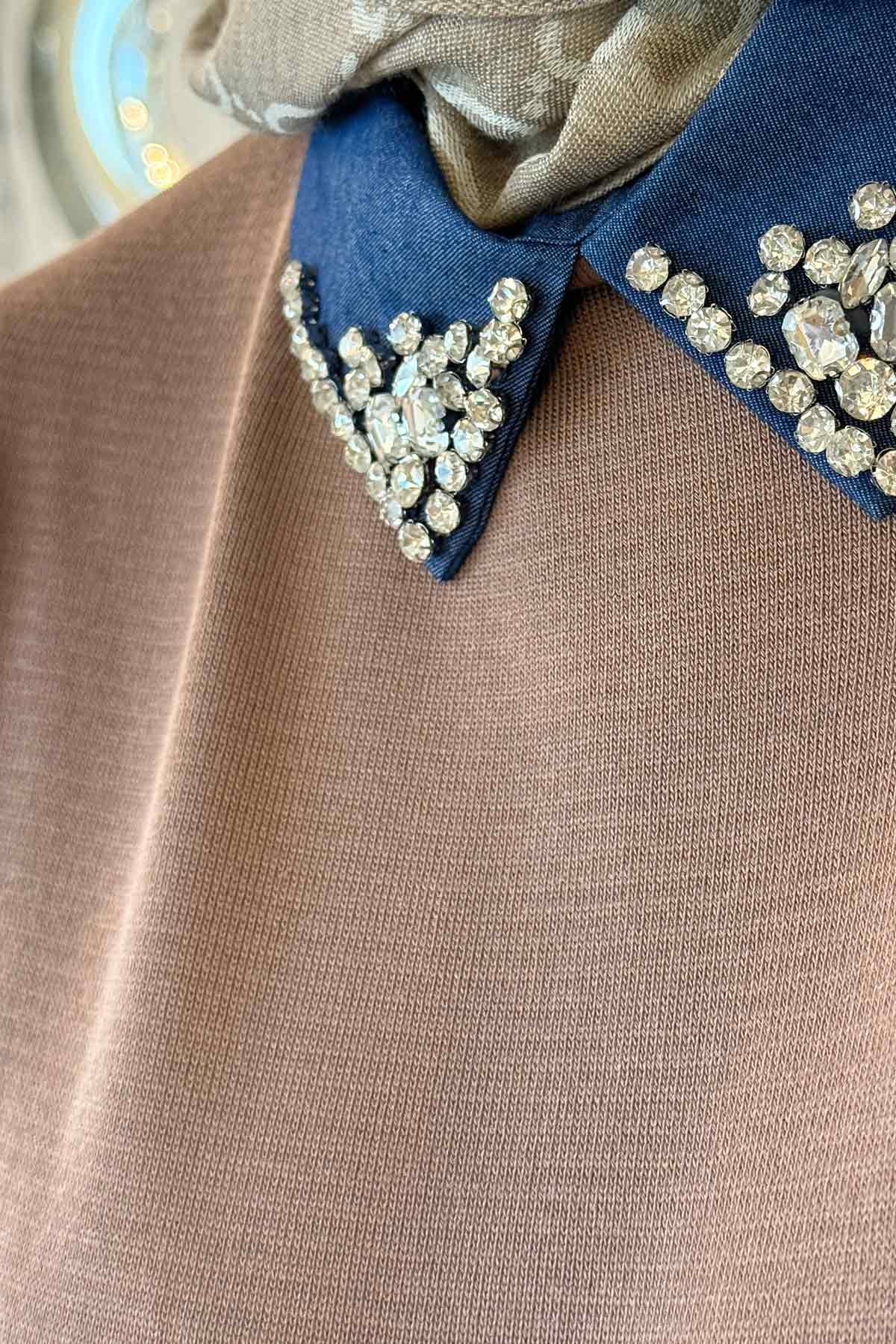 Stone-Embellished Neckline Long Mercerized Dress - Mink