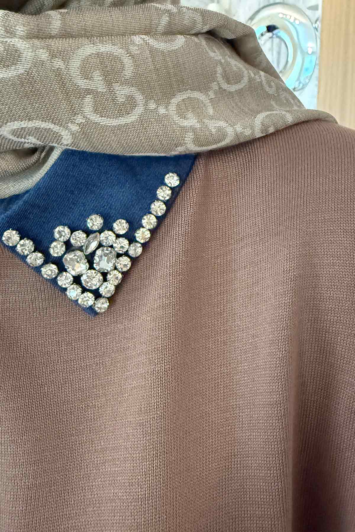 Stone-Embellished Neckline Long Mercerized Dress - Mink