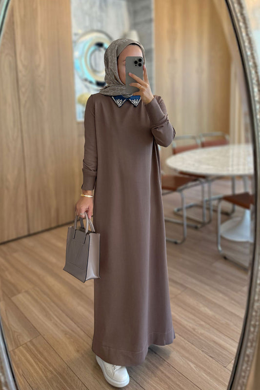 Stone-Embellished Neckline Long Mercerized Dress - Mink