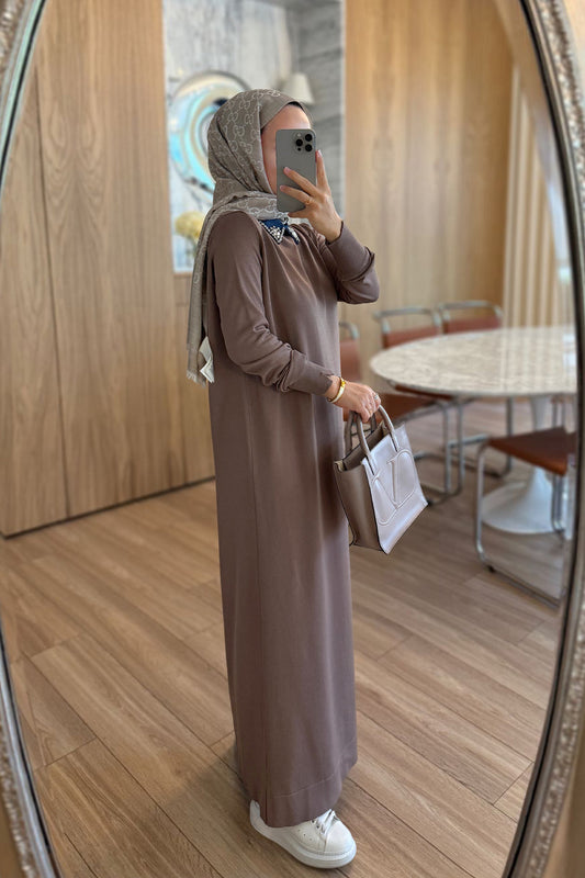 Stone-Embellished Neckline Long Mercerized Dress - Mink