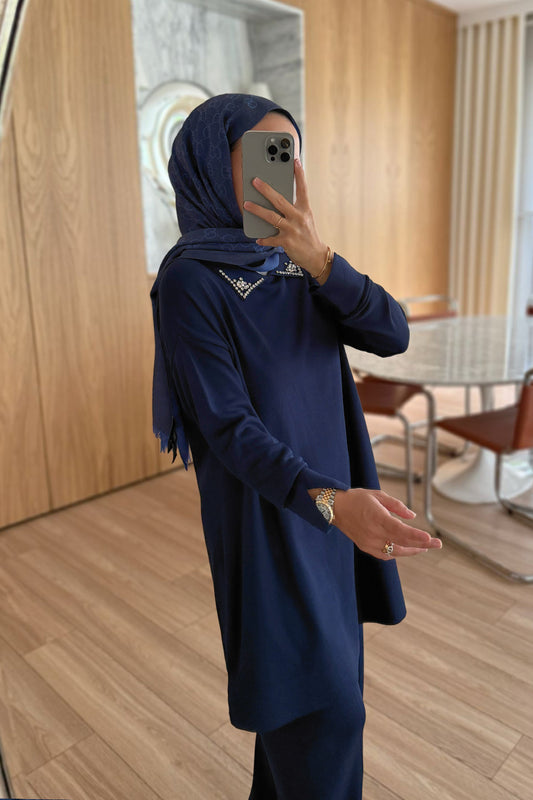 Slit Detail Stoned Mercerized Suit - Navy Blue