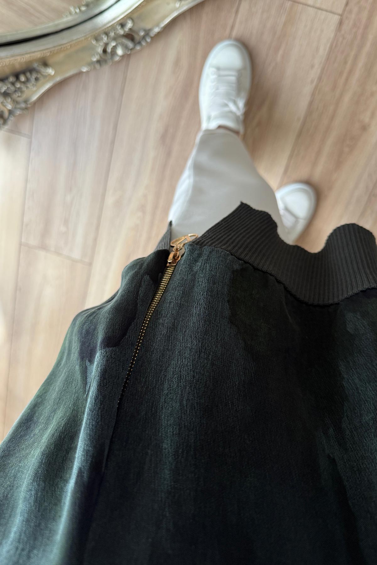 Side Zipper Patterned Turtleneck Mercerized Tunic - Khaki