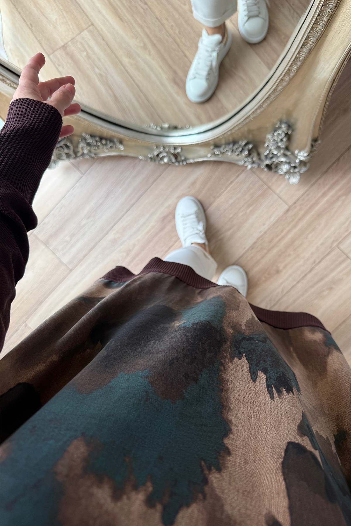 Side Zipper Patterned Turtleneck Mercerized Tunic - Brown