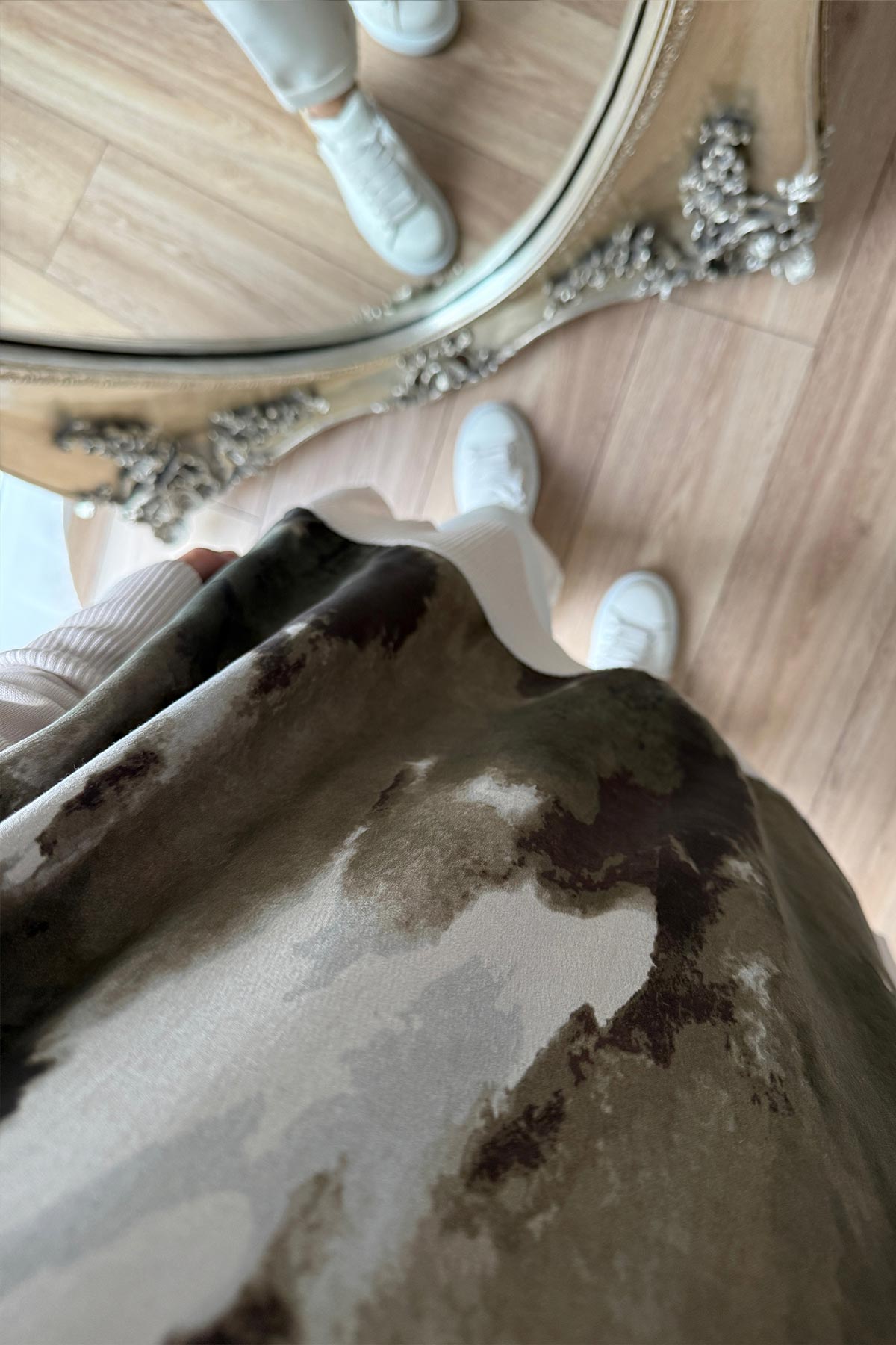 Side Zipper Patterned Turtleneck Mercerized Tunic - Cream