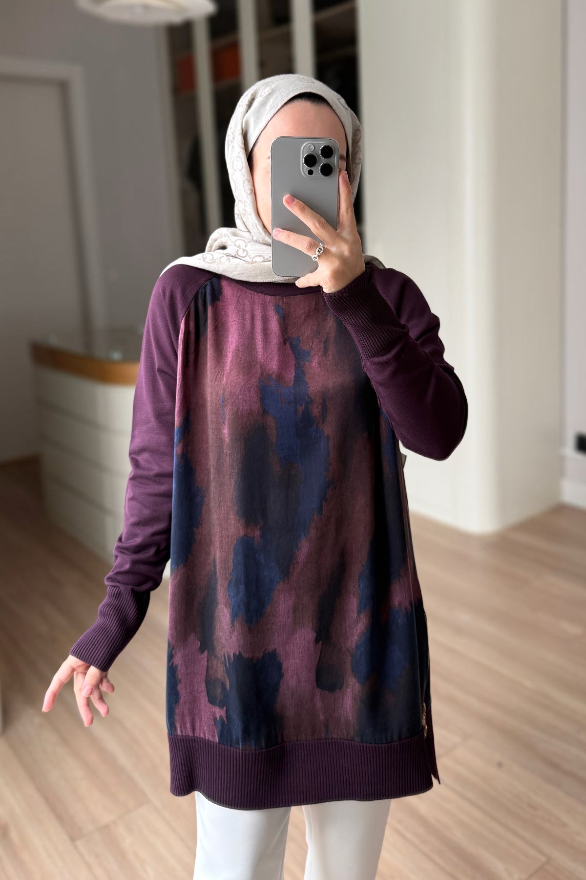 Side Zipper Patterned Turtleneck Mercerized Tunic - Plum