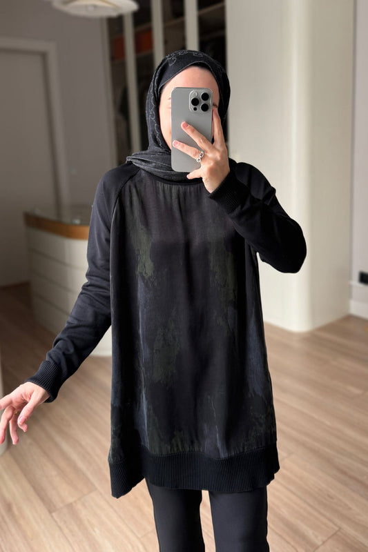 Side Zipper Patterned Turtleneck Mercerized Tunic - Black