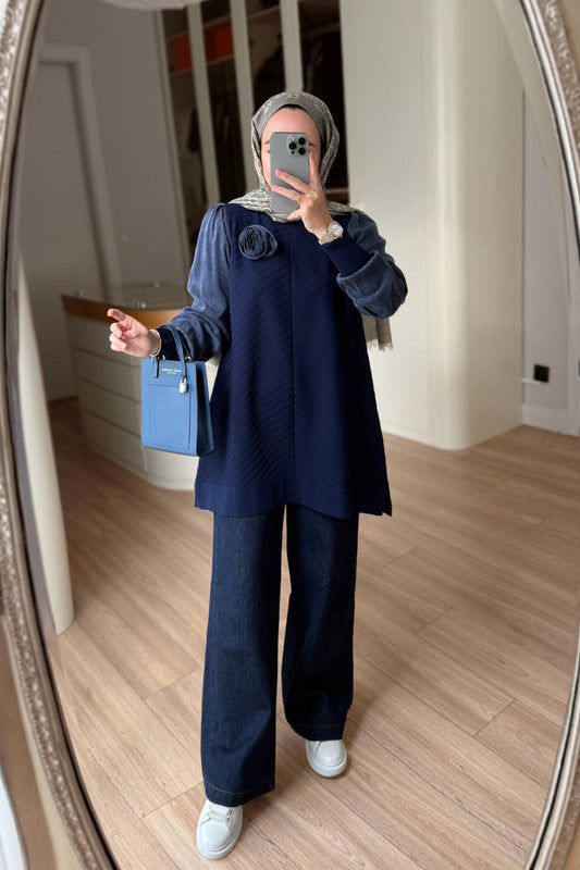 Rose Detail Mercerized Tunic - Navy Blue