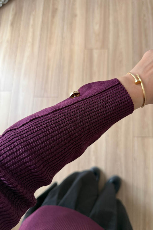 Asymmetric Collar Button Detail Knitted Blouse - Plum