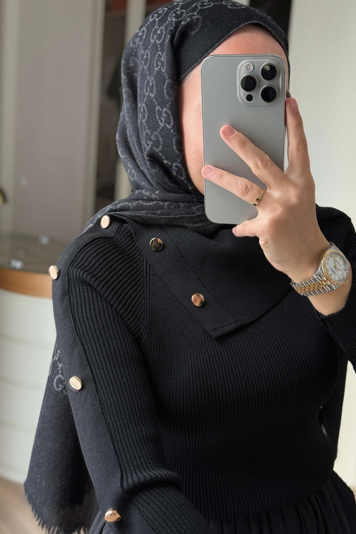 Asymmetric Collar Button Detail Knitted Blouse - Black