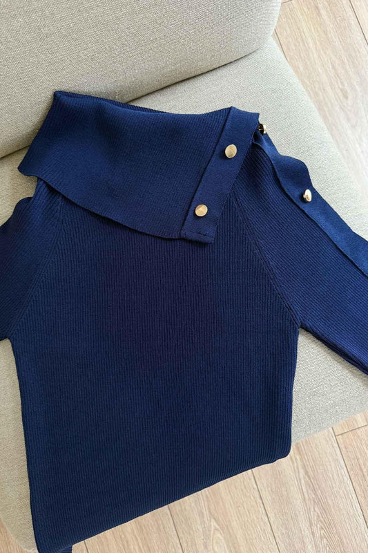 Asymmetric Collar Button Detail Knitted Blouse - Navy Blue