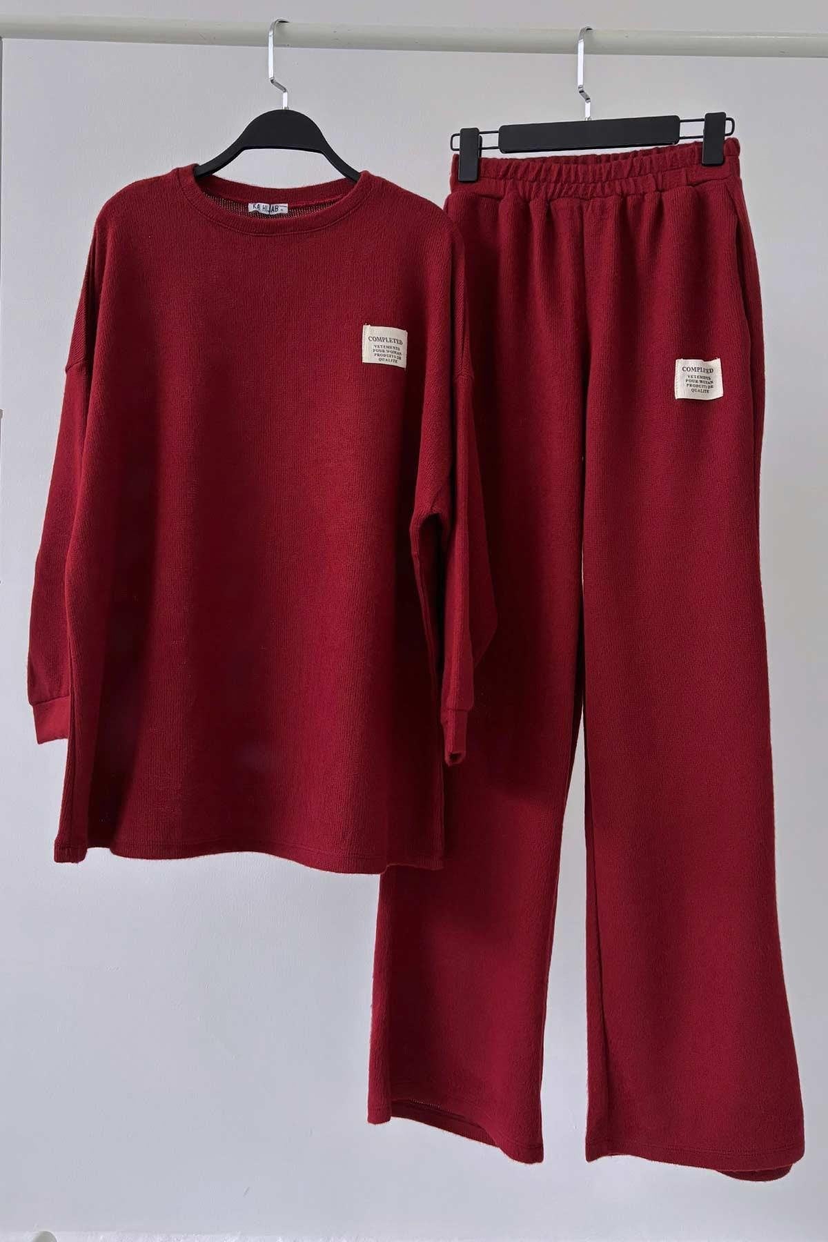 Wide Leg Knitwear Suit - Burgundy