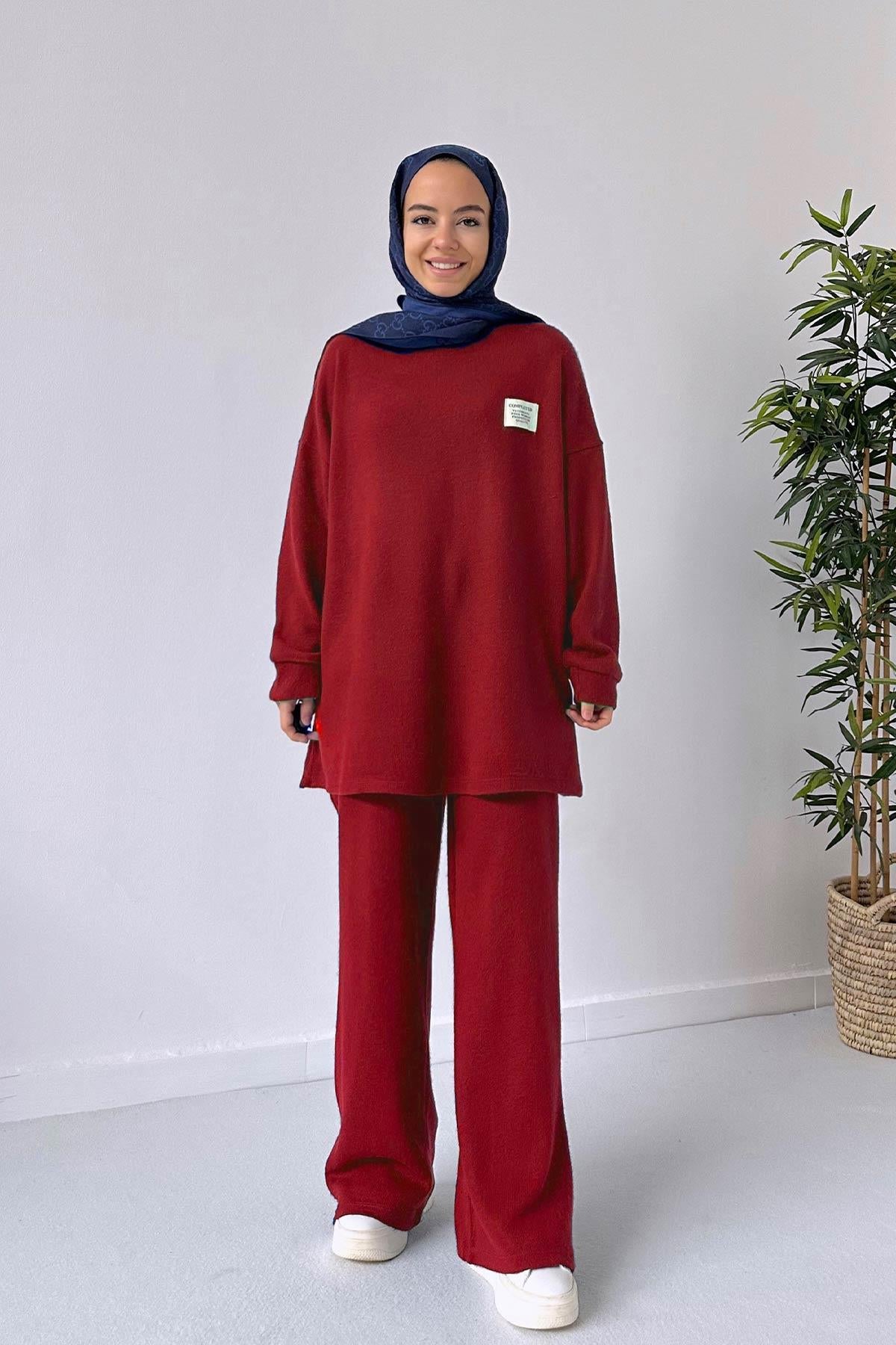 Wide Leg Knitwear Suit - Burgundy