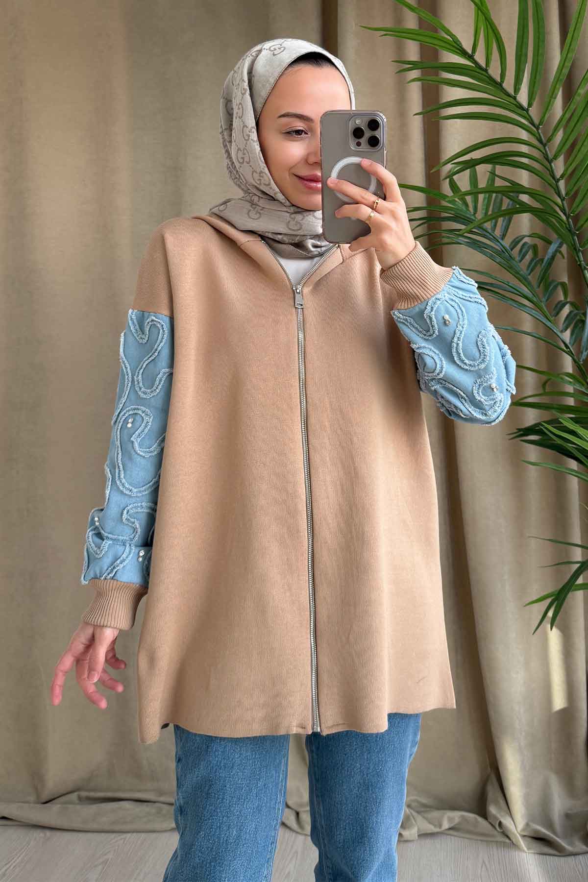 Knitwear Cardigan with Denim Detail - Camel