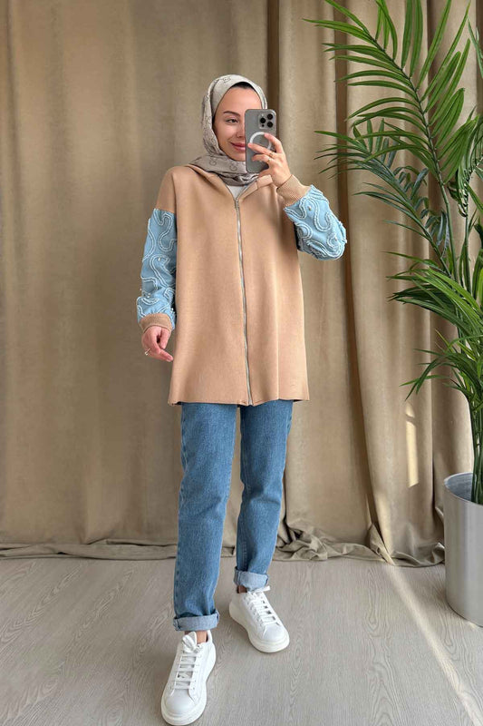 Knitwear Cardigan with Denim Detail - Camel