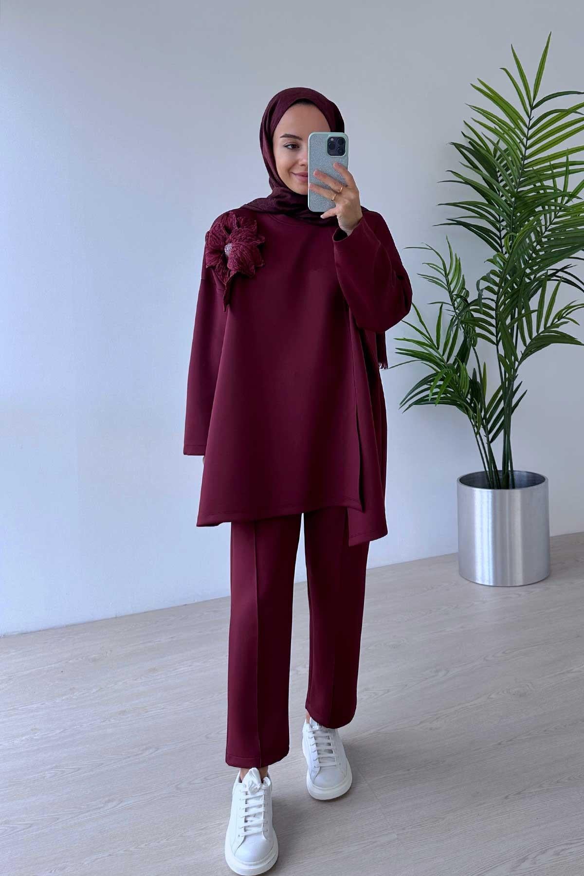 Floral Asymmetrical Cut Scuba Suit - Burgundy
