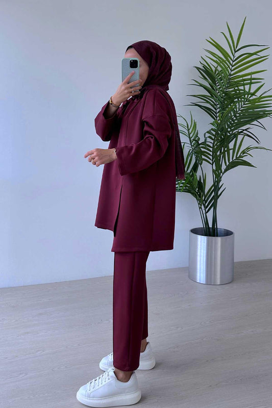 Floral Asymmetrical Cut Scuba Suit - Burgundy