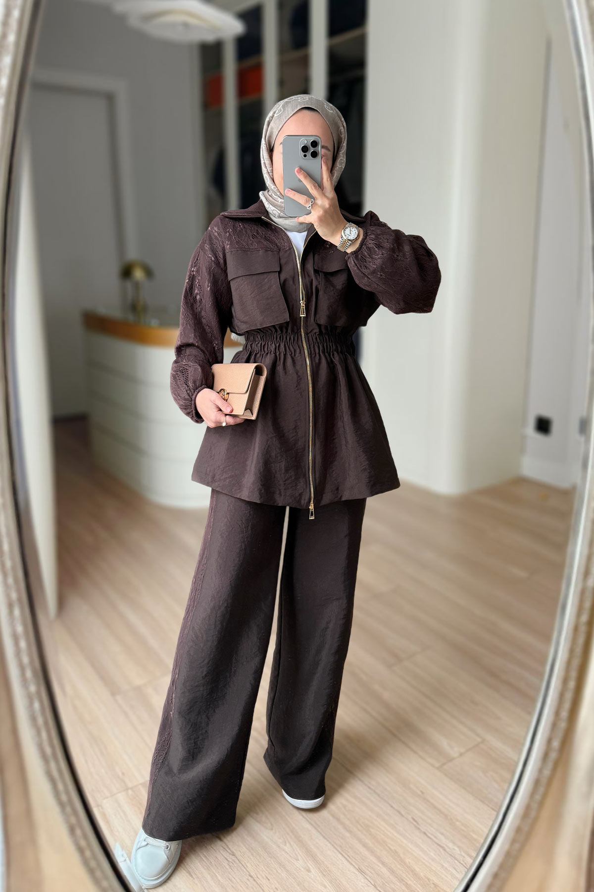 Lace-Detail Two-Piece Suit - Brown