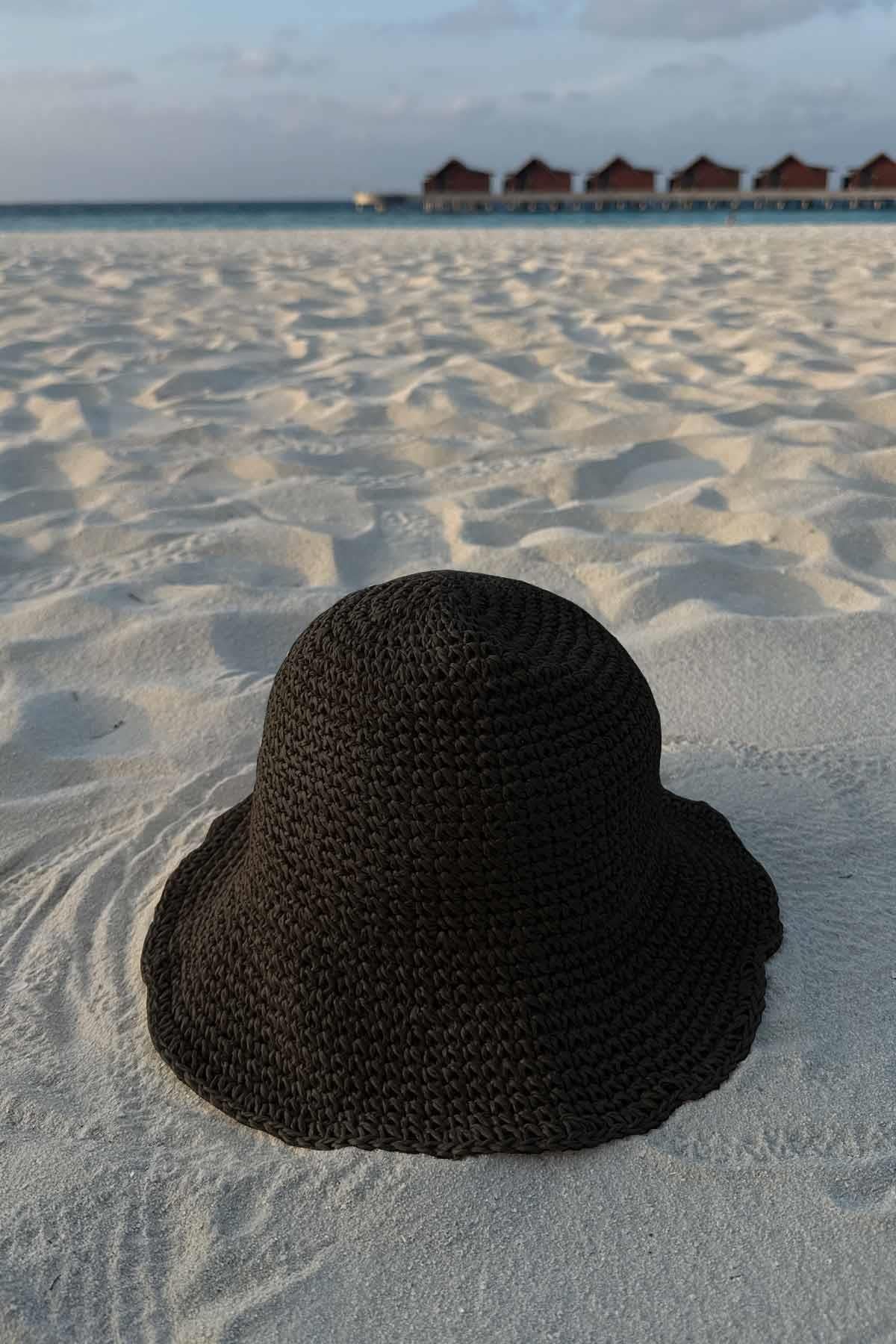 Hand Knitted Straw Hat - Black