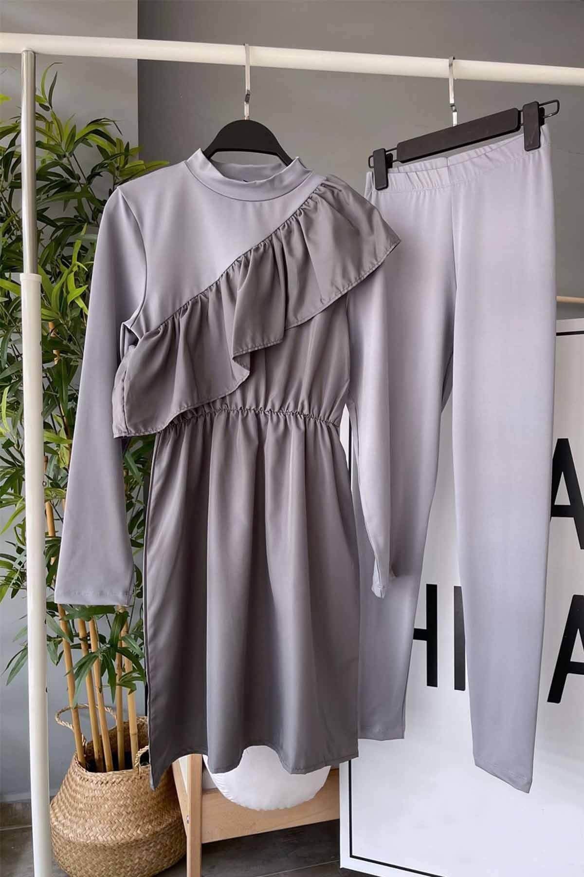 Ruffle Detail Modest Swimsuit - Grey