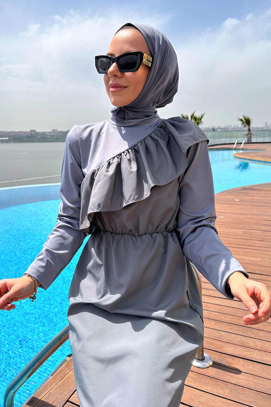 Ruffle Detail Modest Swimsuit - Grey