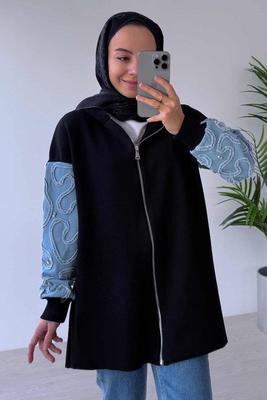 Knitwear Cardigan with Denim Detail - Black