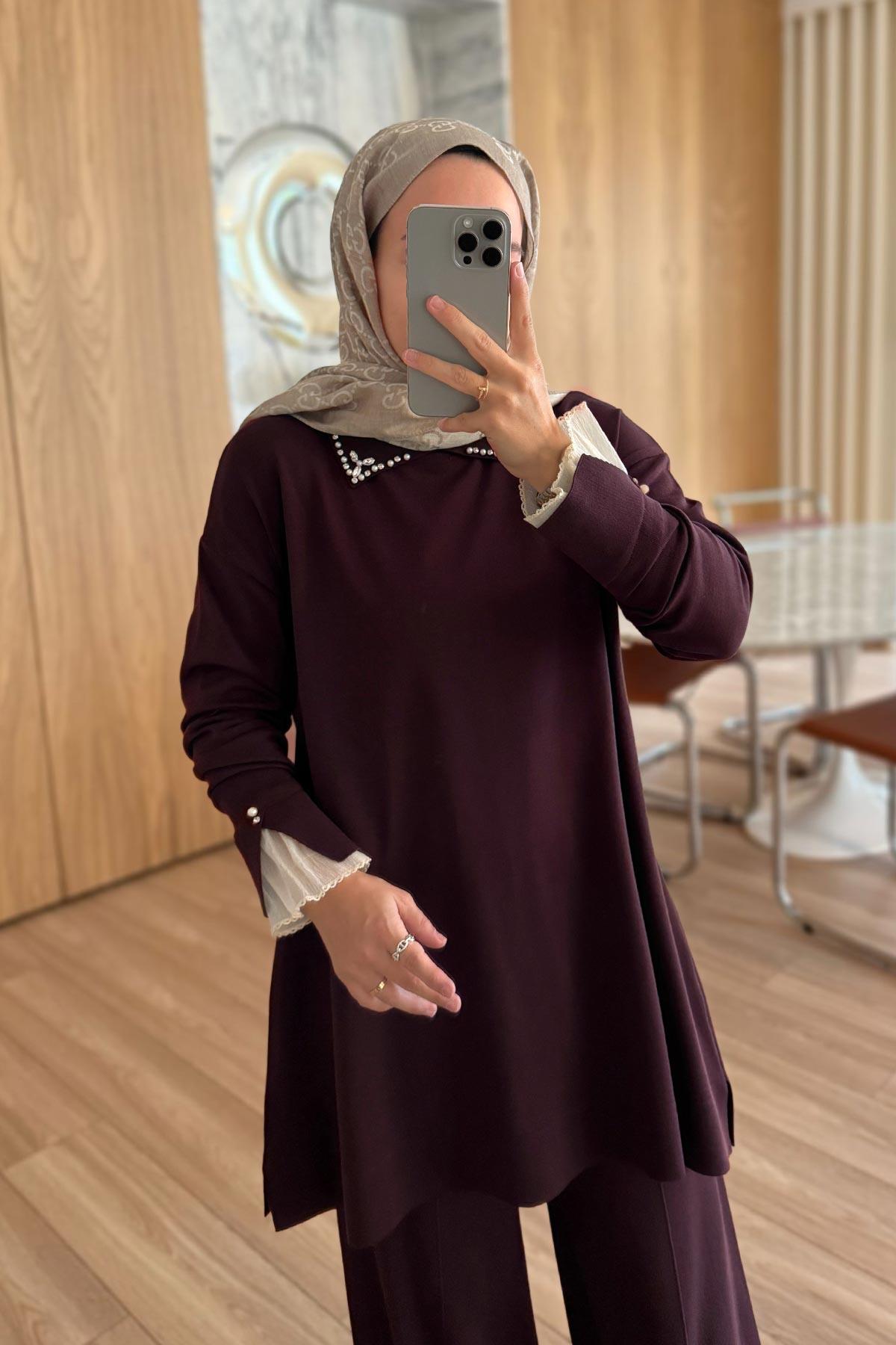 Mercerized Suit with Tulle Sleeves - Plum