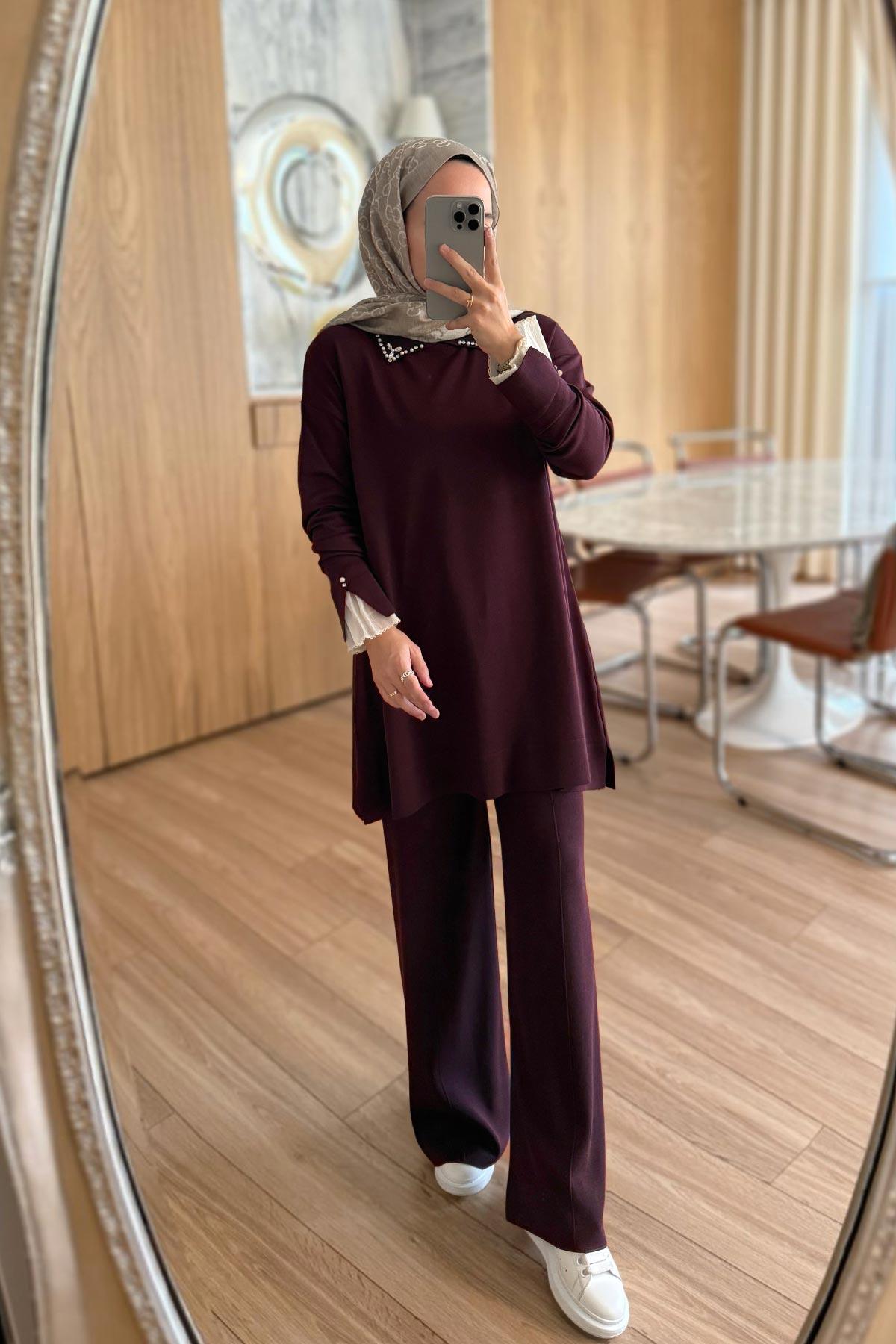 Mercerized Suit with Tulle Sleeves - Plum