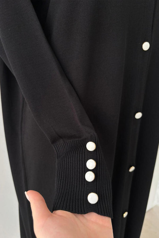Maxi-Length Buttoned Mercerized Cardigan - Black