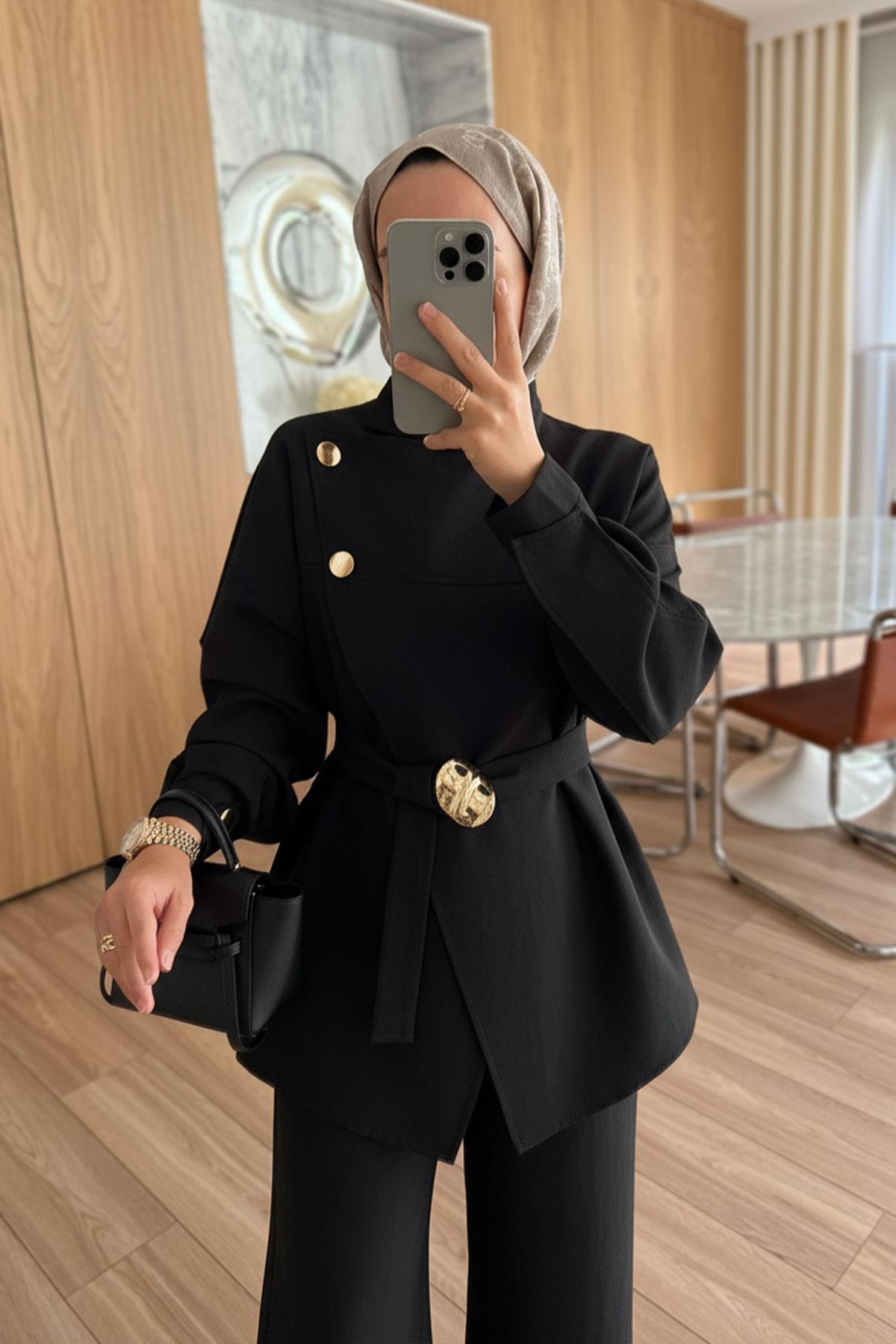 Trench Coat Suit with Shoulder Buttons - Black