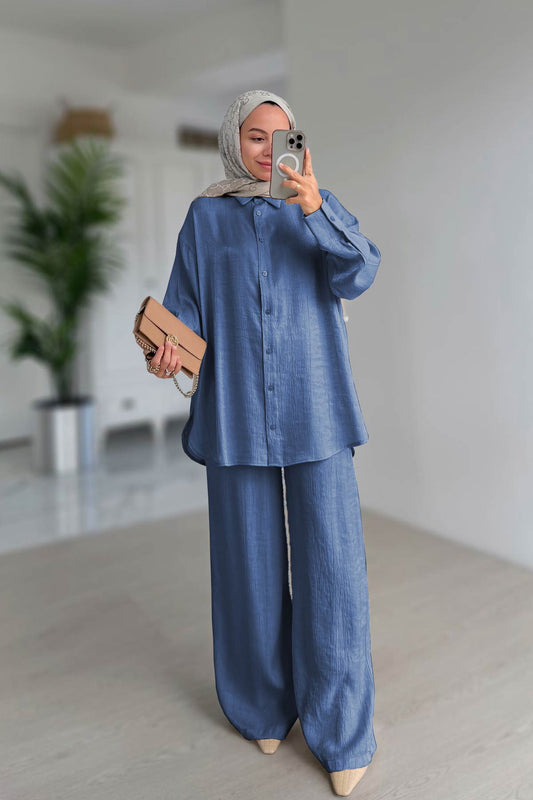 Shiny Textured Loose-Fit Two-Piece Suit - Blue